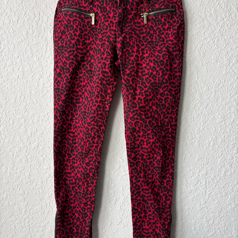 Michael Kors Red Leopard Print Pants with Gold Zippers